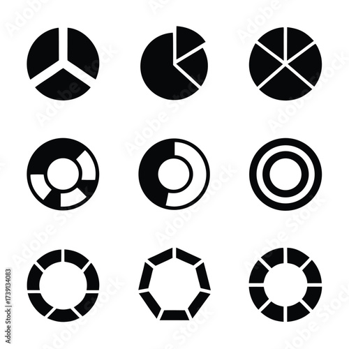 Collection of nine black circular graph and diagram icons on white background circle graphic