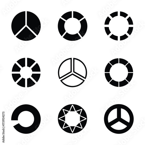 Nine Black Circular Graphic Icons on White Background circle segment
