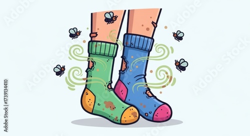 Cartoonish illustration depicting a pair of tattered and smelly socks