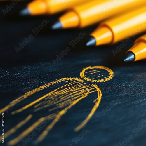 Chalk figure lies beneath row of yellow fineliner pens