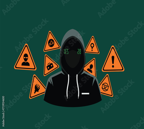 Hooded Hacker with Laptop and Binary Code — Cybersecurity Vector Illustration