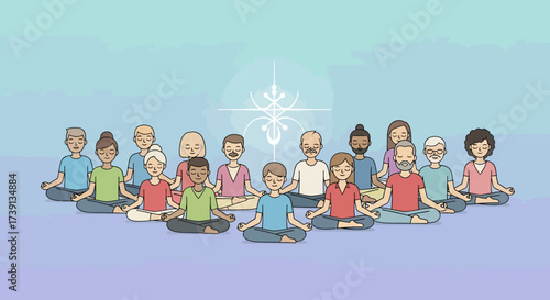 This flat design illustration features a diverse group of individuals meditating peacefully, symbolizing the inclusive and unifying spirit of the International Gita Mahotsav.