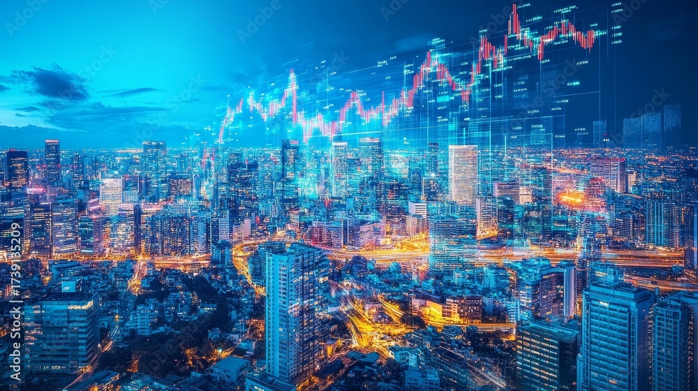 Fototapeta premium Futuristic City Business Performance Analytics Illustration with Growth Trends for Urban Development