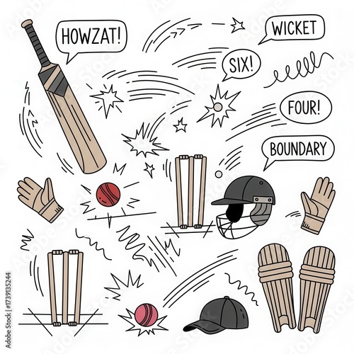 Whimsical cricket gear arrangement on a white background, game essentials