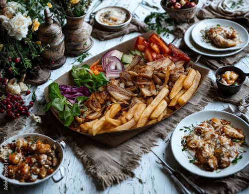 Delicious middle eastern shawarma platter with fresh vegetables and sides