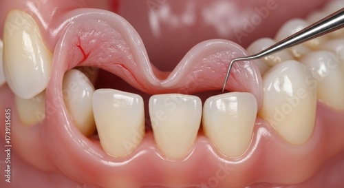 Close-up macro view of gum graft surgery showing periodontal treatment procedure