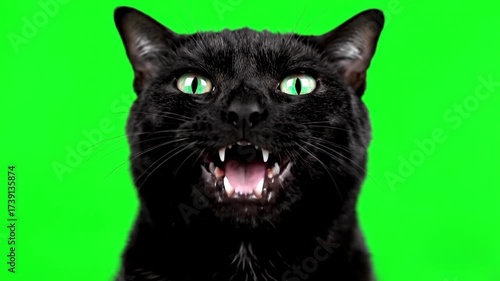 A black cat with glowing eyes slowly widens its mouth into a sinister smile, isolated on green screen night creature, spooky, sly