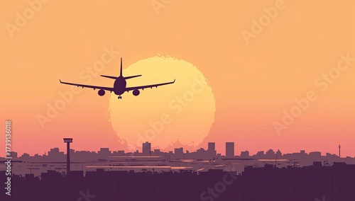 Plane takes off over cityscape at sunset, hazy filter
