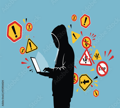 Hooded Hacker with Laptop and Binary Code — Cybersecurity Vector Illustration