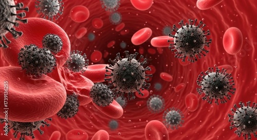 Wallpaper Mural Microscopic view of red blood cells and harmful viruses circulating within the bloodstream Torontodigital.ca