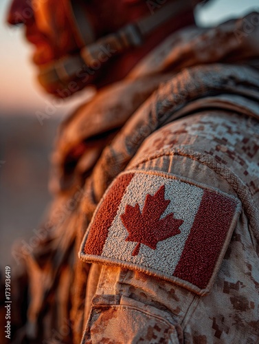 Close up of a Canadian flag patch on a soldier s uniform. Symbol of patriotism, service, and national pride. Ideal for Remembrance Day, Veterans, or Canada Day themes