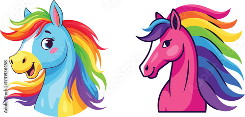 Cartoon, horse, rainbow, colorful, cute, animal, fantasy, illustration, children, vibrant, mane, happy, pink, blue, character, artwork, expressive, design, fun, playful