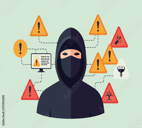 Hooded Hacker with Laptop and Binary Code — Cybersecurity Vector Illustration