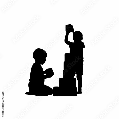 Silhouette of a child stacking toy blocks isolated on white background