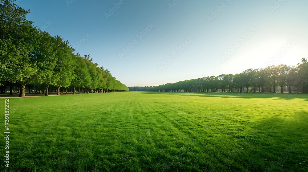 Obraz premium Beautiful Morning Light Shining Over Green Grass in Public Park