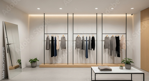 Bright and minimalist modern clothing store interior with elegant displays of contemporary fashion, offering a clean and inviting retail shopping experience