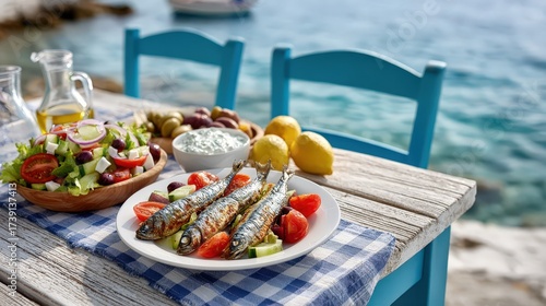Greek food feast by the sea, enjoying grilled fish, salad, and tzatziki