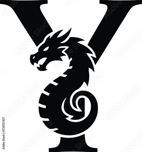 Letter Y Dragon Design Black and White Silhouette Illustration Vector