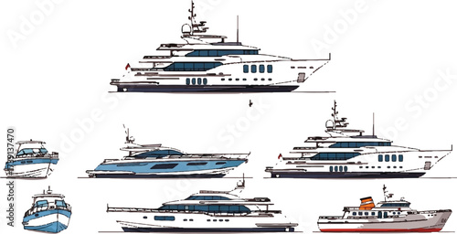 The image shows seven illustrations of different boats or yachts. They appear to be drawings or sketches with outlines and some color