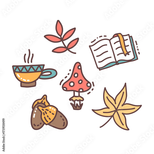 Autumn elements set, cute hand drawn seasonal objects. Vector illustration in doodle style