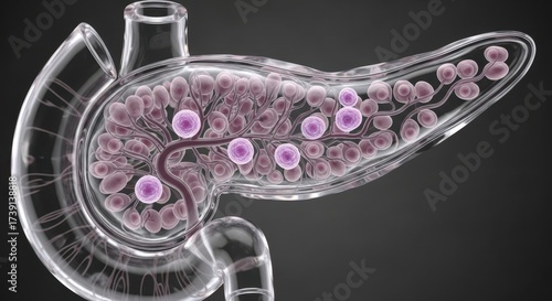 Microscopic view of the human pancreas showing islets of langerhans and acinar cells