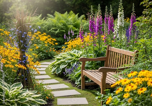 A wooden bench sits beside a stone path in a beautiful garden with blooming foxglove and yellow flowers
