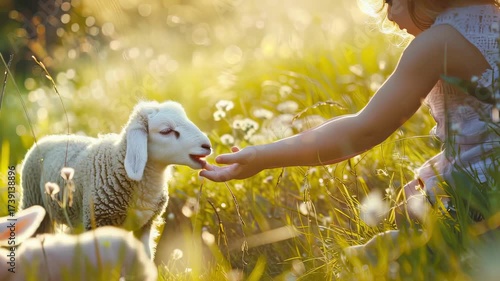 a small child is playing with a sheep. Selective focus