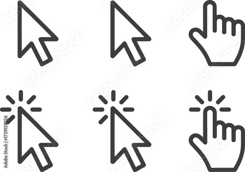 Clean, minimalist digital interface cues showing several pointing and clicking mouse cursors, user-friendly graphic design