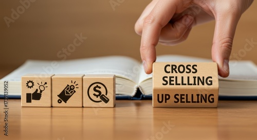 Cross Selling Up Selling Marketing Strategy Concept on Wooden Blocks Hand Placing Cube Sales Tactics Retail Increase