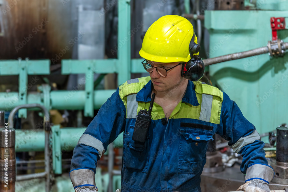Fototapeta premium A close-up of the marine engineer officer, wearing a helmet, focused on performing duties in the engine room during repair work of the ship’s main engine.