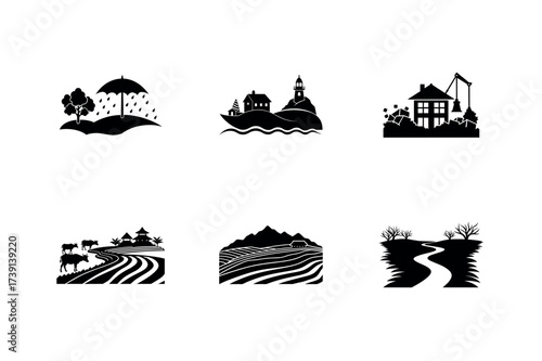 Monochrome World Landscapes Icons Representing Various Terrains and Scenery Designs with Natural and Man Made Features