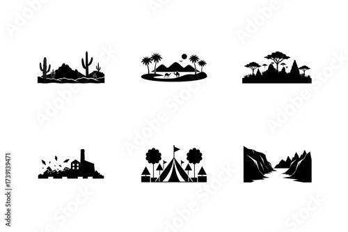 Diverse Silhouette Landscapes A Black and White Vector Collection Showcasing Natural and Man Made Environments