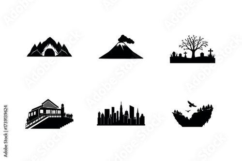 Contrasting Landscapes Black and White Silhouette Visuals of Nature Urban Sprawl and Mortality Symbolism