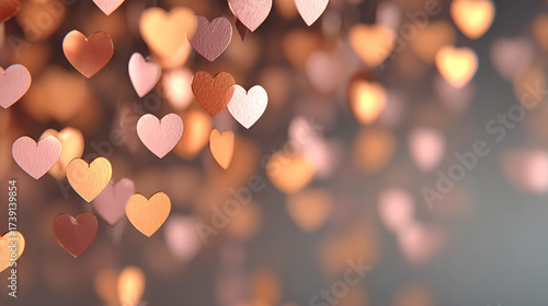 An ethereal cascade of pink, rose gold, and copper hearts hangs delicately, creating a romantic and warm bokeh-filled background perfect for celebrating love and affection.