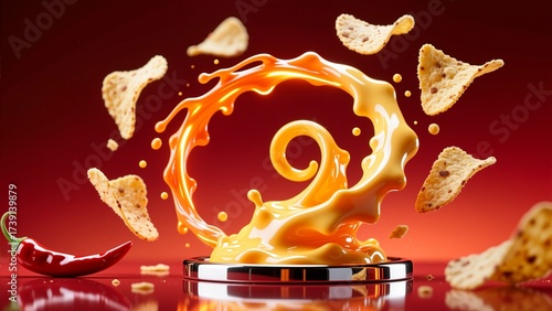 Nacho chips swirling around molten cheese splash on fiery red background – spicy snack concept