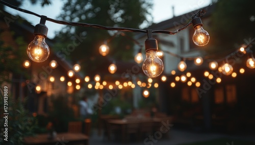 String lights illuminate an outdoor patio in the evening