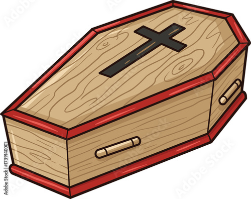 Wooden coffin with cross illustration, funeral casket vector, death burial box design, religion symbol art, cartoon grave icon drawing