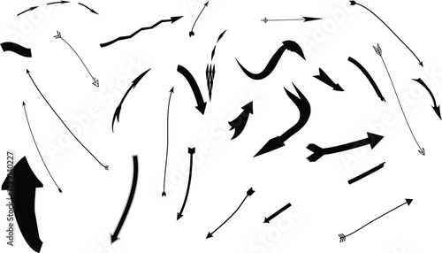 A collection of diverse, hand-drawn, graphic arrow elements in black, designed for visual direction, annotation, and emphasis in creative projects and presentations