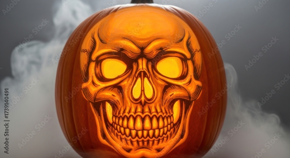 Fototapeta premium Glowing skull carved pumpkin with eerie smoke for halloween decorations and spooky season