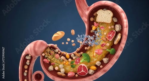 Detailed 3d anatomy of human stomach digestion process with food particles scientific medical