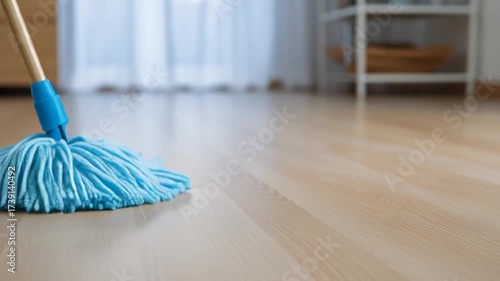 Mopping Laminate Floor With Mop. House Cleaning, Household Chores And Maintenance, Cleanliness Hygiene. Home Care Routine, Floor Cleaning Equipment, Domestic Life Daily Tasks, Modern Mop