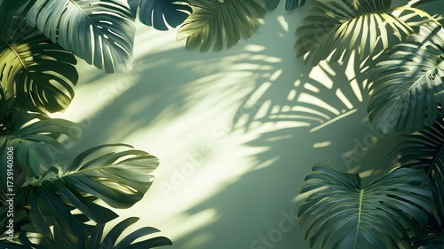 Lush Green Monstera Leaves and Shadows on Pale Green Wall Background