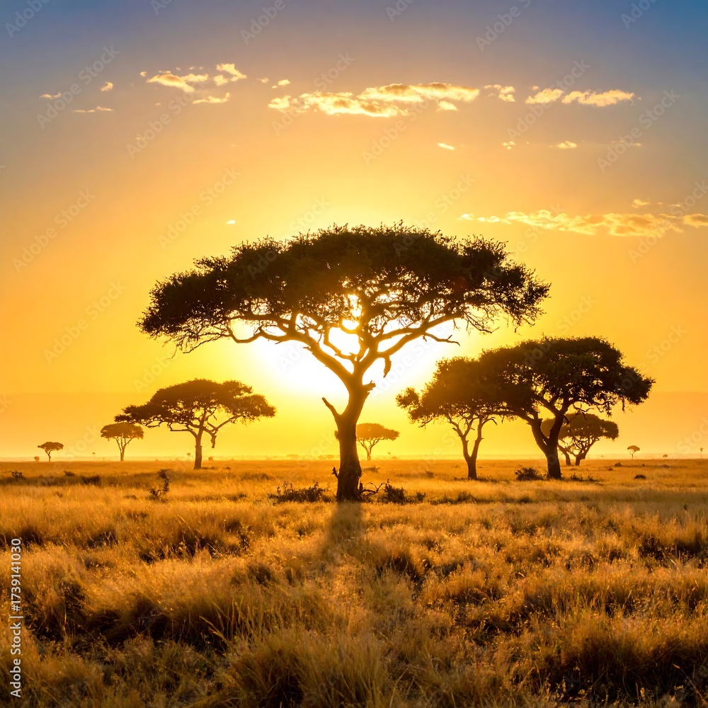 Obraz premium African savanna landscape with acacia trees at sunset