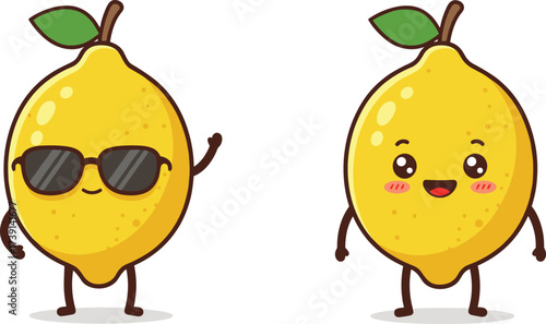 Cute lemon cartoon characters, happy citrus fruit illustration, adorable kawaii vector art, healthy food design, fresh tropical fruit concept, smiling lemons