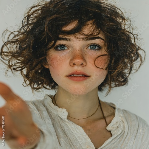 Young woman reaching forward with intense emotional gaze