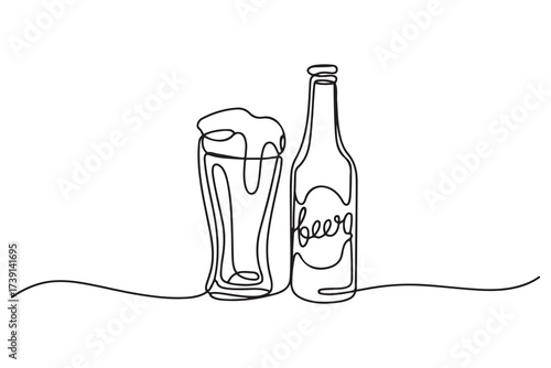 Continuous one line drawing of beer glass and bottle. one line Icon drawing with white background