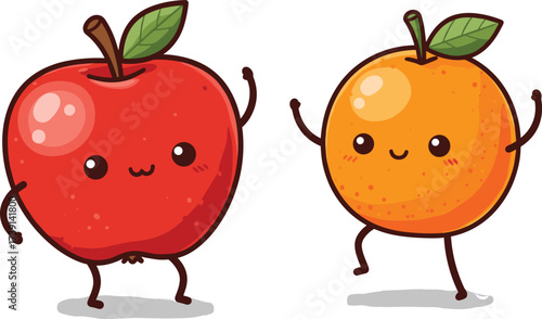 Cute apple and orange cartoon characters, happy fresh fruits illustration, adorable kawaii vector art, healthy food concept, tropical fruit design