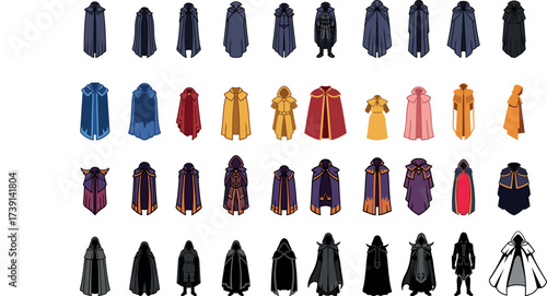 Cloak design ideas for fantasy characters and rpg games with various colors and styles illustration