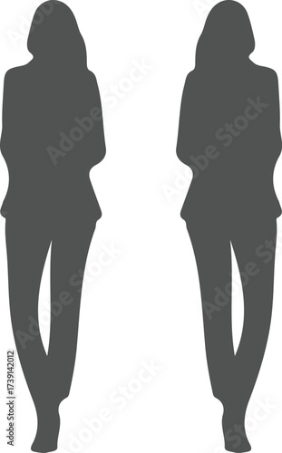 Two Silhouetted Women Standing Side by Side in Dark Grey Featuring Professional Attire with Jackets and Trousers on a White Background
