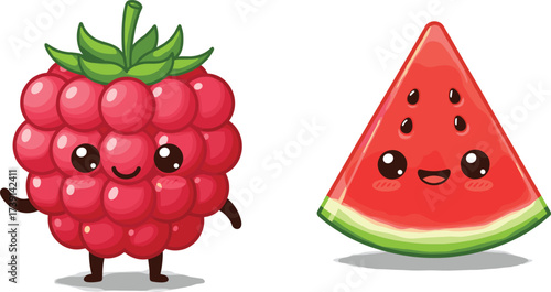 Cute cartoon raspberry and watermelon characters, happy fresh fruits illustration, summer tropical food vector art, adorable kawaii fruit graphic design